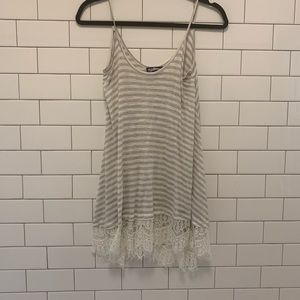 Grey and white stripe tank top with lace detail